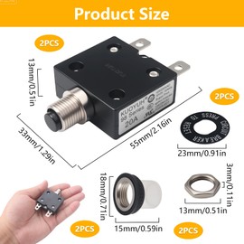 Thermal Circuit Breaker 20 Amps, Push Button Manual Reset Circuit Breakers 125/250V AC 50V DC Thermal Overload Protector L1 Series with Waterproof Button Caps, 20A 2 Pcs