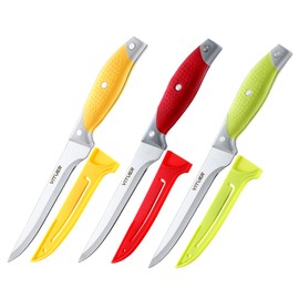 VITUER Boning Knife, 6PCS Fillet Knives (3PCS Filet Knives and 3PCS Knife Cover), 6 Inch Curved Boning Knife for Meat, Fish, Poultry, Cutting, Trimming, German Steel, PP Handle