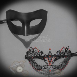 Unbranded Couples Black Minimalist and Red Extravagant Costume Party Masquerade Mask Set