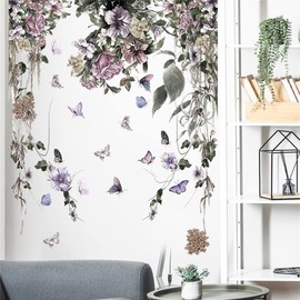 Condessacity Wisteria Flower Purple Petunia Peony Butterfly Wall Sticker Stylish Removable Wall Sticker Waterproof Wallpaper Living Room Wall Decor Wall Art