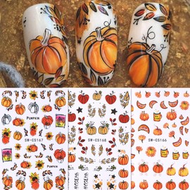 Fall Nail Stickers 6 Sheets Thanksgiving Nail Art Decals Pumpkin Maple Leaves Nail Designs Autumn Nail Art Stickers 3D Self Adhesive Nail Supplies Fall Leaves Nail Decals for Women Manicure Decoration