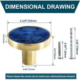 Cionyce 2 Pack Gold Knobs for Dresser Drawers, Brass Round Dresse Cabinet Knobs for Kitchen Cabinet Cupboard Door Decorative Furniture Hardware, 1-1/4" Diameter, Navy Blue