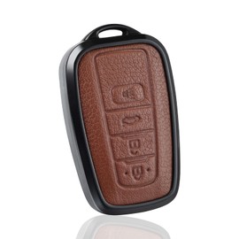 OFFWEGO for Toyota Key Fob Cover, Genuine Aluminum Alloy and Leather Protection Key Case for 2018-2022 Camry RAV4 Highlander Avalon C-HR Prius Corolla GT86 Smart Key Protective Holder, Brown