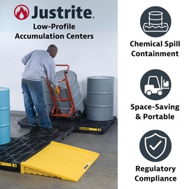 Justrite Low Profile 1 Drum Spill Containment Pallet Accumulation Center - 5.5" Tall - 12 Gal Capacity for 55 Gallon Drum Containment - Made in The USA from 100% Recycled Polyethylene - Black - 28653