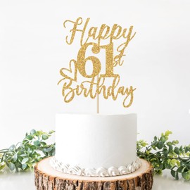 Decoración para tartas de feliz cumpleaños 61, decoraciones de cumpleaños 61 para hombres/mujeres, saludos a 61 años, Hello 61, suministros para fiesta de cumpleaños 61, purpurina dorada