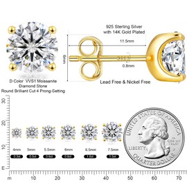 KRKC 0.6-3ct Moissanite Stud Earrings, Lab Created Diamond Stud Earring for Women, D Color VVS1 Clarity, S925 Sterling Silver, Hypoallergenic,14K White Gold, Friction Back Earrings Jewelry Gifts for Women Men