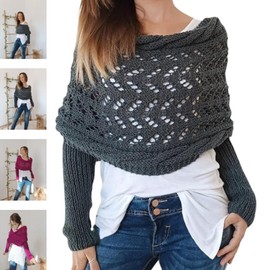 Knitted Cable Wrap Shawl with Sleeves, Multifunctional Scarf (Navy Blue)
