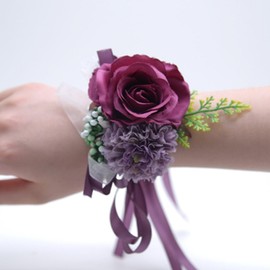 OUKEYI 2PCS Rose Flower Wrist Corsage Boutonniere Set,Boutonniere for Men Wedding White Rose Corsage Wristlet for Women Bride Bridesmaid Wrist Corsagefor Wedding Party Prom Decorations (deep Purple)