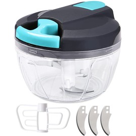 Onion Cutter 520 ml Vegetable Cutter Manual Onion Chopper Onion Chopper Chopper Chopping & Mixing for Vegetables, Additional 3 Stainless Steel Blades and 1 Mixer (Grey Blue)