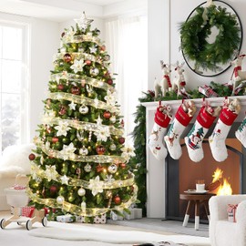 Alupssuc 128pcs Christmas Balls Ornaments Set, Shatterproof Plastic Baubles Christmas Flowers, Ribbon for Xmas Tree Holiday Wedding Party Decorations with Hanging Strings, Champagne Gold and Brown