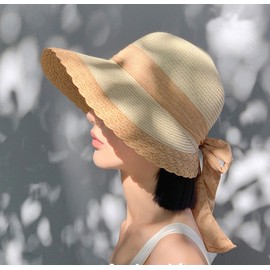 MiniAya Straw Hat, Wide Brim Women's Ribbon, Hat, Straw Hat, Sun Protection, UV Protection, Adjustable Size, Large, Breathable, Small Face Effect, Hat, Summer, Chin Strap, Sun Hat, Beach, Resort