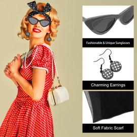 NebulaGlam 50s Women's Accessories, 8 Pieces Rockabilly Accessories for Carnival, 1950s Costume Set with Chiffon Scarf Gloves Sunglasses Polka Dot Bandana Earrings Necklace, black