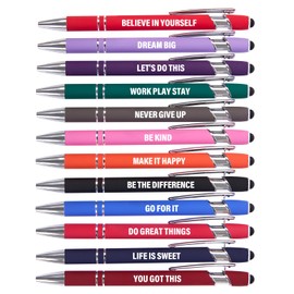 Actsun Funny Pens - 12 Pack Fine Point Smooth Writing Pens with Inspirational Tips, Black Ink, Touch Stylus Screens, Motivational Gift for Office & Desk Accessories