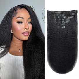 EclatWigs Kinky Seamless Clip in Hair Extensions Human 7Pcs 120g 18 Inch Natural Black Straight Kinky Clips Ins Full Head Brazilian Remy Hair Extensions For Women
