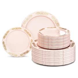 " OCCASIONS " 240 Plates Pack,(120 Guests) Vintage Wedding Party Disposable Plastic Plates Set-120x10.25'' Dinner +120x7.5'' Salad/Dessert Plate (Portofino Light Pink/Blush & Gold)