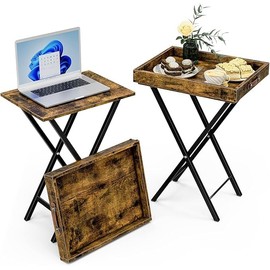 HMFOR Folding TV Tray Tables, Set of 2 Side Table for Small Place, Snack Eating Tables at Couch, Folding Tables with Removable Serving Tray, Rustic Brown