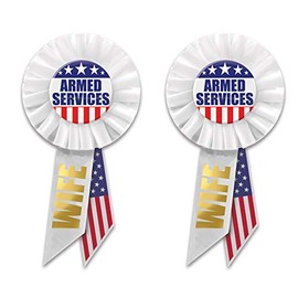 Beistle Armed Services Wife Rosettes 2 Piece Patriotic Ribbons USA wearables 4th of July Labor Day Decorations, 3.25" x 6.5", Red/White/Blue/Gold