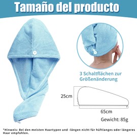 Xkzhrr Hair Turban Towel, Pack of 2 Button Hair Turban, Turban Hair Drying Towel with Button, Head Scarf Towel for Long Hair, Super Absorbent, Quick Drying Microfibre Towel (Blue)