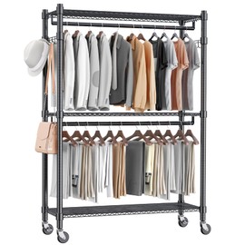 Homdox Rolling Garment Rack with Double Rod, Heavy Duty Clothing Rack with Shelves, Portable Clothes Rack, Free Standing Wardrobe Rack, with Lockable Wheels & Hanging Hooks, Max Load 450 LBS, Black