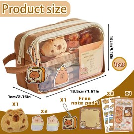REYOK Capybara Pencil Case, Capybara Pencil Pouch, Transparent Pen Bag with 20 Stickers, 1 Memo Pad, 1 Keychain, 2 Magnetic Bookmark, 1 Plush & 2 Brooch Capybara School Supplies
