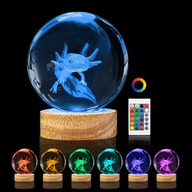 PYMIN3D 3D Axolotl Crystal Ball Night Light, 3.15in K9 Crystal Ball Lamp with 16 Color Change, Wooden Base and Remote Control Decor
