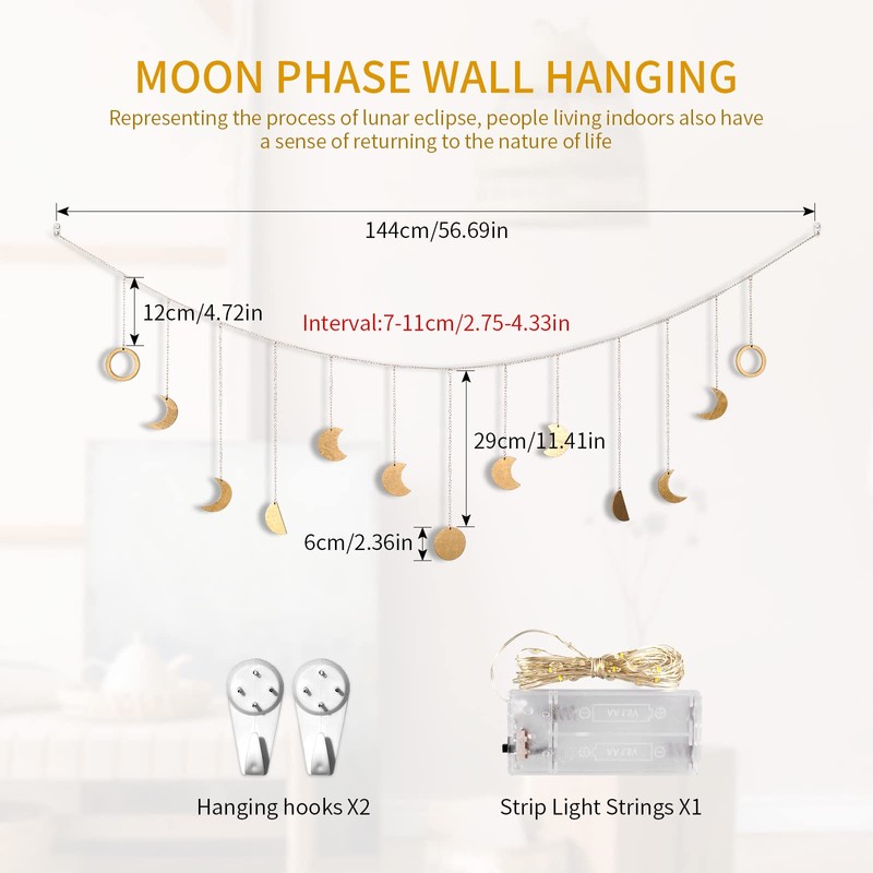 Moon Phase Wall Decor with LED String Light, 13 Gold
