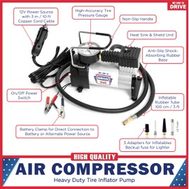 Tire Inflator Portable Air Compressor For Car Tires & Inflatables, 12V DC One Cylinder Air Pump For Emergency Kit with 150 PSI Pressure Gauge, Adaptors, Hose, Car Plug, Clip Connectors & Carry Bag