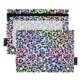 ALAZA Leopard Print Rainbow Cheetah Polka Dot Pencil Pouch for 3 Ring Binder Pencil Bags Pockets Pencil Case with Clear Window Zipper Cosmetic Bags for Office College Supplies 2PCS