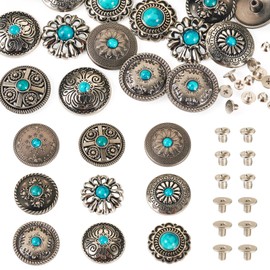 18 Sets Leather Decorative Conchos, Turquoise Decorative Buttons, Metal Rapid Rivet, Vintage Western Leather Replacement Buckles for DIY Belt Purse Bag Crafts