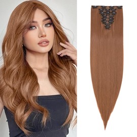 26" Long Straight Clip in Hair Extensions Full Head 8Pcs 18Clips Ombre Colorful Synthetic Hair Clip in Hairpiece Light Brown