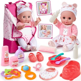 G.C Baby Doll Accessories Girls Toys Gifts, Baby Doll with Sound & Doll Accessories Backpack Baby Cloth Bottle Bath Feeding Set, Bibi Doll Accessories Role Play Toys Gift for 3 4 5 6 Year Old Girl