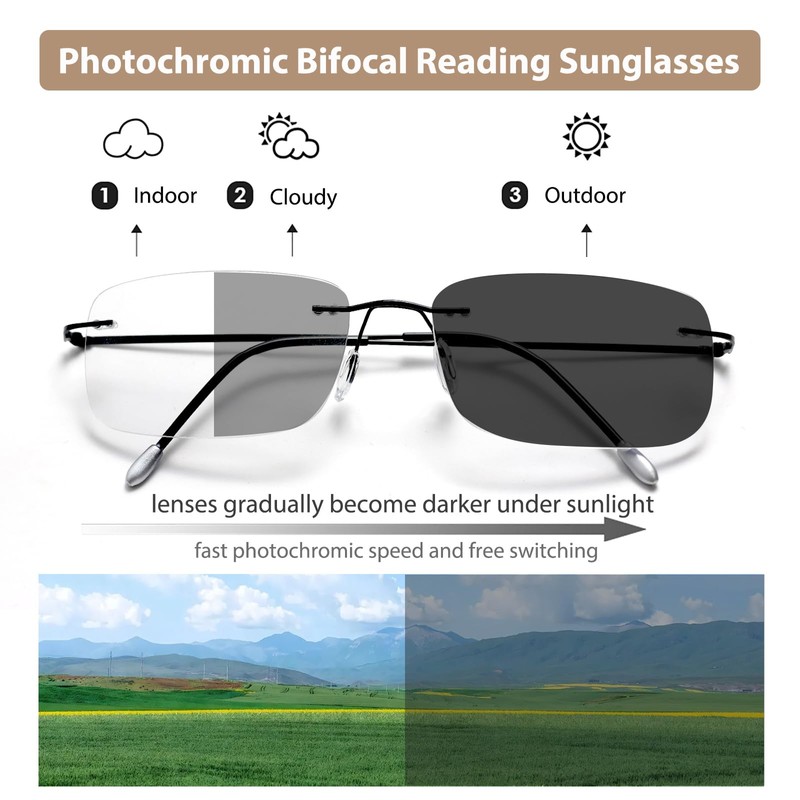 Myfeasy Photochromic Bifocal Reading Glasses Titanium Frameless Men's Reading Glasses