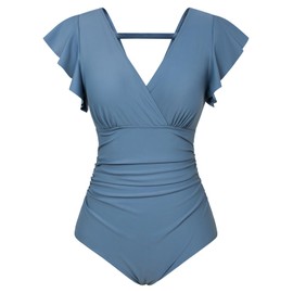 GRACE KARIN Wrap Swimsuits for Women Ruffle One Piece Swimsuit V Neck Bathing Suit Summer Ruched Swimwear Haze Blue L