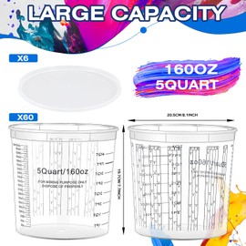 Mifoci 60 Pcs 160 oz Graduated Paint Mixing Cups 5 Quart Disposable Clear Paint Mixing Bucket Plastic Epoxy Measuring Cups with Mixing Ratios on Side of Cup for Paint, Resin, Epoxy, Art