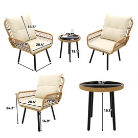 ELETHEBIA 3 Piece Outdoor Wicker Patio Bistro Set, Rattan Conversation Set with Glass Top Coffee Table and Cushioned Chairs, All-Weather Balcony Furniture Set for Poolside, Garden, Backyard, Beige