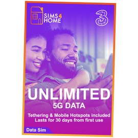 Three UK Data Sim Card Preloaded with UNLIMITED 4G/5G Data. No Contracts, No Commitments, No Credit Checks, No Tie-ins, No Personal ID. (Valid for 1 Month)