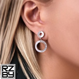 Drop Cubic Zirconia Earrings, Hyopallergenic Sterling Silver Post, Double Circle Design, included Gift Pouch