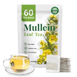 Premium 60 Mullein Tea Bags For Lungs - 100% Pure Mullein Leaf | For Lung Health & Respiratory Wellness Support | Caffeine Free - No Additives & Non-GMO | Plastic-Free, Plant-Based Tea Bags