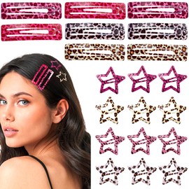 Alpinleux 20 Pcs Metal Snap Hair Clips, Star Hair Clips, Star Barrettes, Leopard Print Barrettes, Leopard Hair Accessories for Thick, Thin, Long Hair (Multiple Colors)