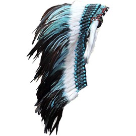 Native American Inspired Headdress - Handcrafted with Genuine Feathers and Beads (Turquoise & White)