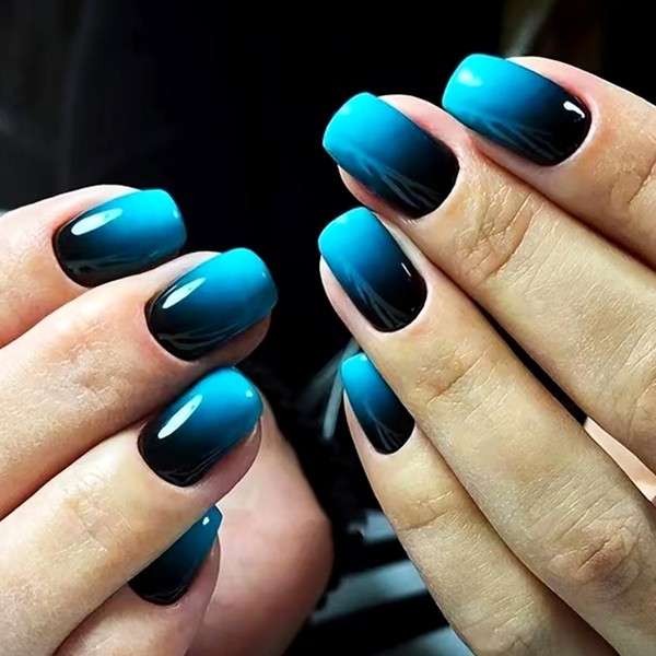 24Pcs Press On Nails Short Square Fake Nails Blue Black