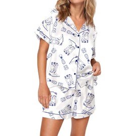 LILTWIST Women's Cowboy Boots Pajamas Silk Satin Western Cowgirl Print Pjs Y2k 2 Piece Short Sleeve Preppy Lounge Shirts Set Blue