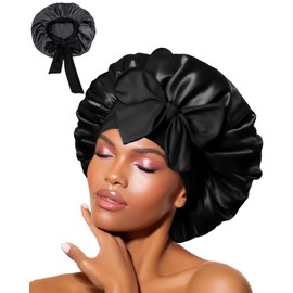 BPTRKOM 1 Piece Premium Satin Sleep Cap with Wide Elastic Band - Silk Soft Hair Protection Cap for Men & Women - Ideal for Curly & Straight Hair - Day & Night Protection (Color : Black)