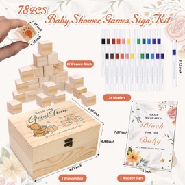 78 PCS Baby Shower Games Sign Kit for Boys Girls, Wooden Box and Sign, Blank Wooden Blocks for DIY Drawing, Markers, Baby Shower Game for Gender Reveal Activity, Baby Shower Ideas Decorations, Bear D