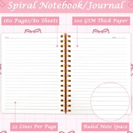 FYSUIMU 4 Packs Pink Bow Spiral Journal Notebook A5 Preppy Cherry Bowknot Coquette College Ruled Notebook Strong Twin-Wire Binding with 160 Pages Paper for Home Office Classroom