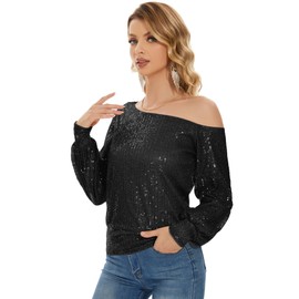 Black Sparkly Tops for Women Long Sleeve Shimmer Party Top Cold Shoulder Sequin Dressy Tops Black Large