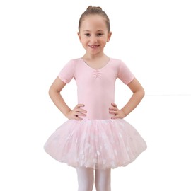 Tancefair Girls Ballet Dress Cotton Ballet Outfit Short Sleeve Ballet Leotard Gymnastics Dance Leotard with Skirt Pink