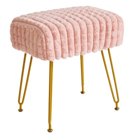 IBUYKE Rectangular Footrest Stool Ottoman, Makeup Vanity Stool Side Table, Velvet Dressing Table Seat, Footstool Chair, Golden Steel Legs, for Makeup Room, Bedroom, Square Grid Pattern, Pink WBD003P