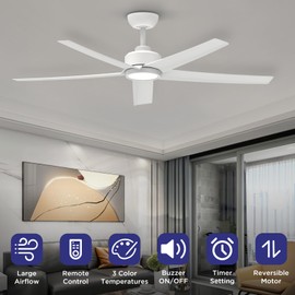 ocioc Ceiling Fans with Lights, 52 inch White Ceiling Fan with Light and Remote Control, 3CCT, Quiet DC Motor, 5 Blades Modern Ceiling Fan for Living Room Indoor/Covered Outdoor