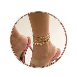 Tcairzl Gold Ankle Bracelets for Women, 14k Gold Plated Waterproof Cuban Link Chain Anklets Set, Layered Anklet Bracelets for Women Beach Gift Adjustable Size 3pc (Style03)
